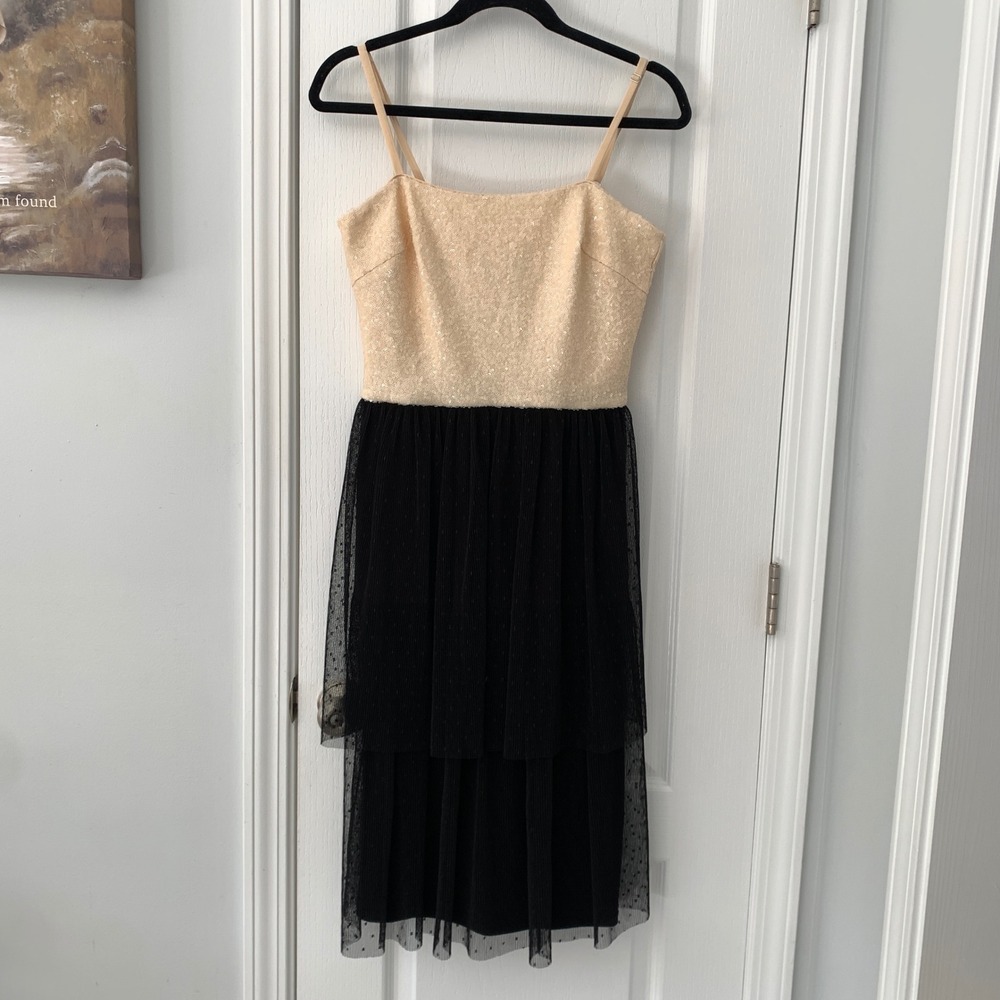 Dress the‎ Population Sequin Tulle Tiered Midi Dress Champagne Black Medium